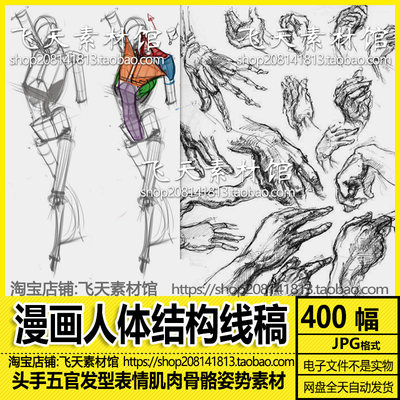 漫画人物人体结构头手肌肉骨骼表情动作线稿速写卡通设计电子素材