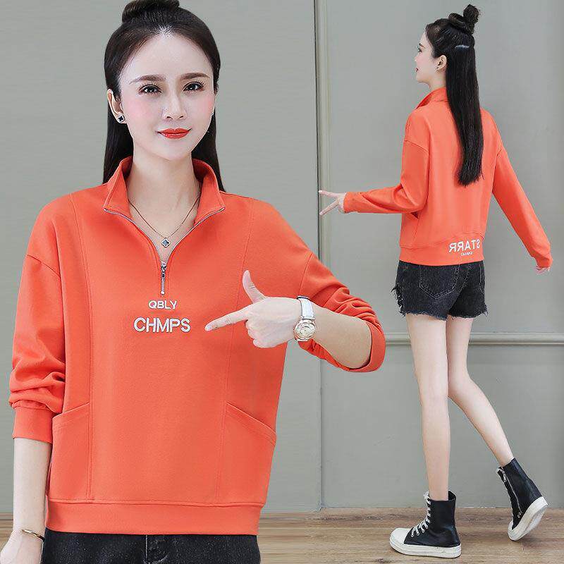 COTTON STAND-UP COLLAR HALF-ZIPPER SHORT SWEATSHIRT 2024 NEW WOMENS FOREIGN TEMPERAMENT AGE-REDUCING AUTUMN AND WINTER THIN LONG-SLEEVED TOP