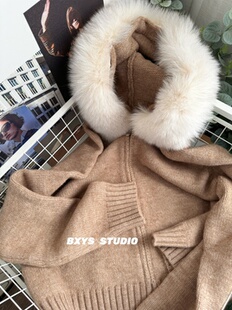 本巷衣涩2025年冬季新款连帽短款针织开衫小个子狐狸毛领毛衣外套