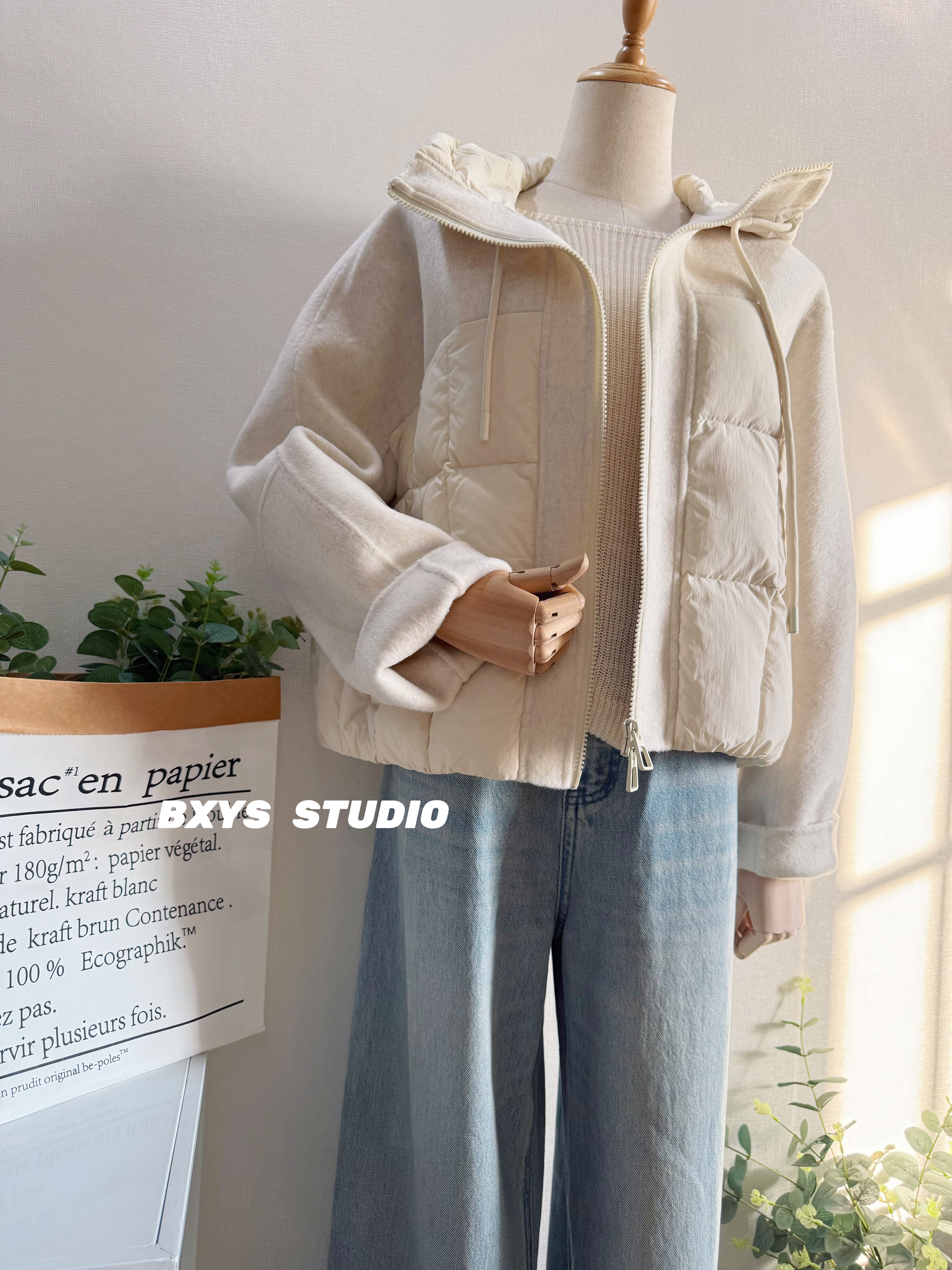 连帽拼接羽绒服女小个子短款