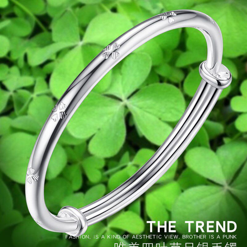 金六福999纯银四叶草手镯 韩版简d约女士时尚银首饰正品推拉未镶