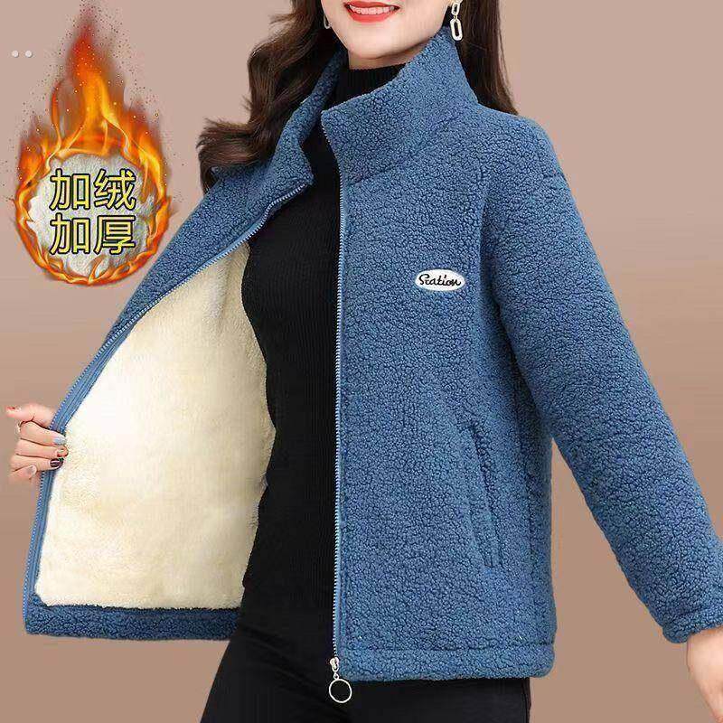 秋冬新款妈妈羊羔绒棉衣加绒加厚颗粒冬季外套大码女装宽松保暖衣