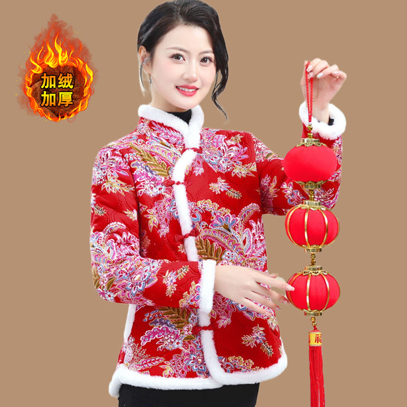 年轻版冬装妈妈小碎花小棉袄过年网红唐装短款大花棉袄中国风女装