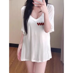 2026新款白色女生短袖t恤胖妹妹特大码冰丝V领宽松半袖薄款上衣