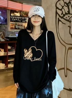 2025新款300斤大码德绒长袖春秋冬季女生长袖衫V领宽松休闲韩版