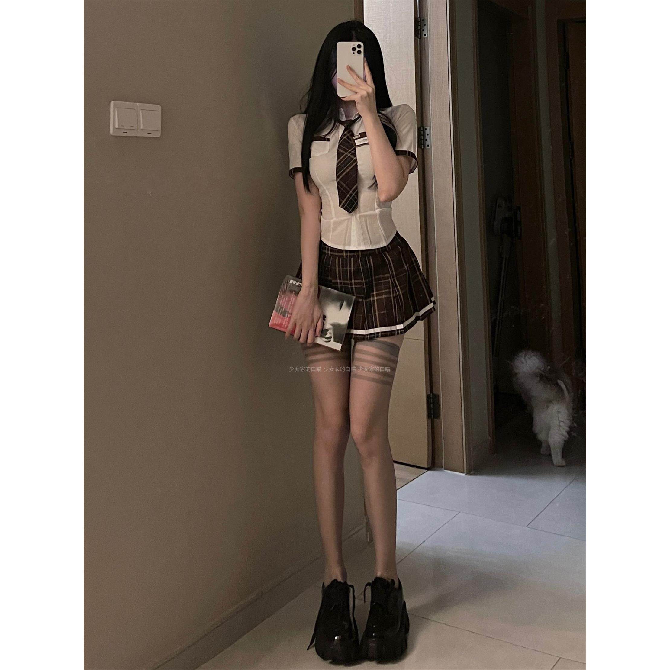 英伦日系短袖领带衬衫格子裙高腰超短裙纯欲套装JK学生团体制服女