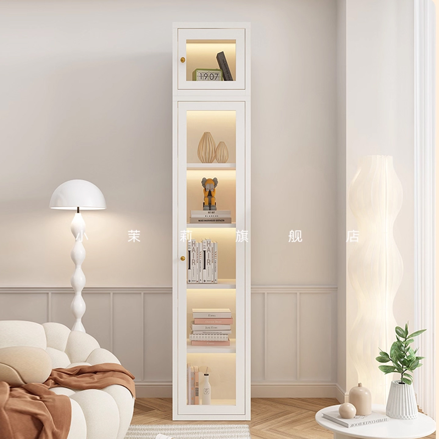 2.2米高法式奶油风单门夹缝书柜顶柜组合窄书架客厅小型展示柜子
