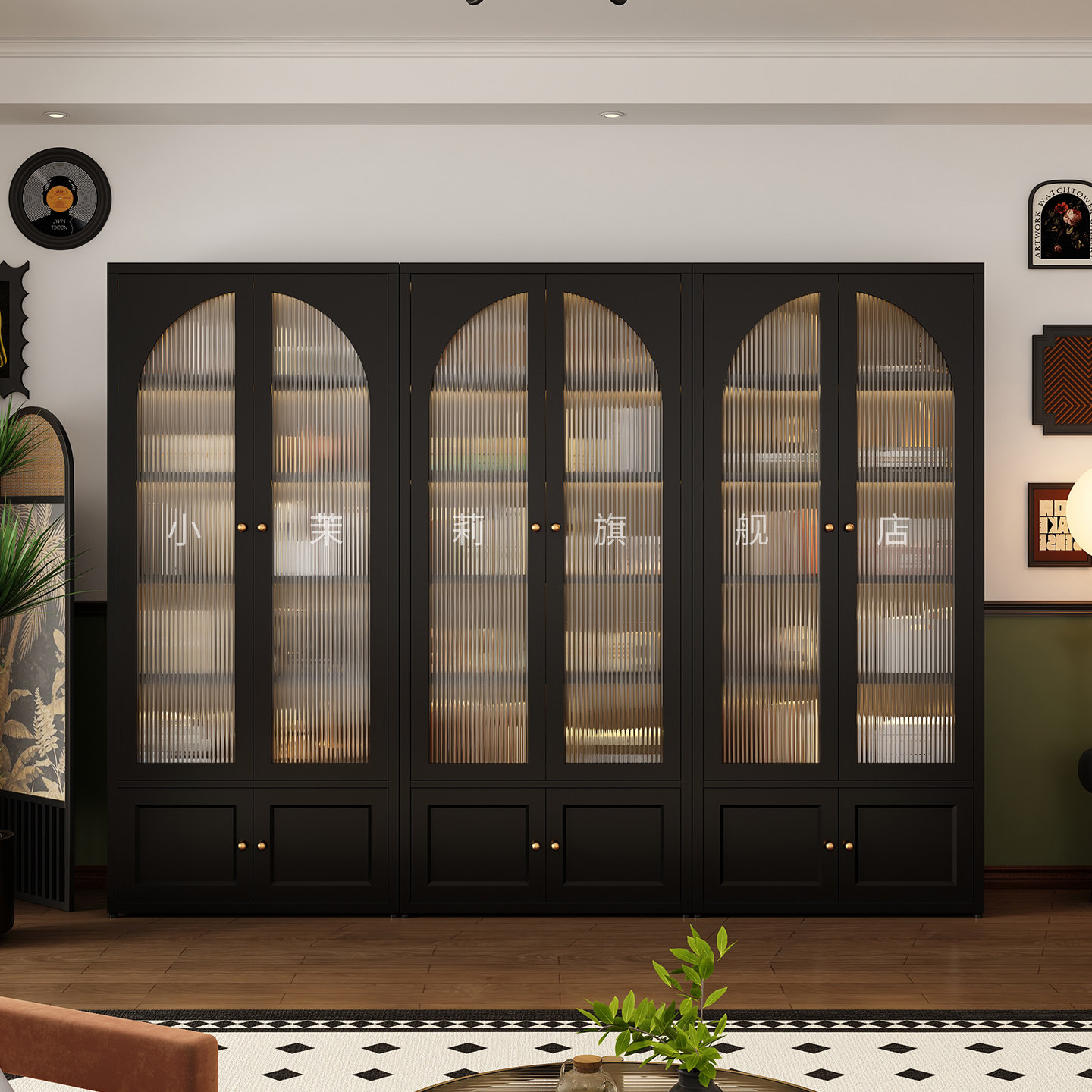 网红2米高书柜长虹玻璃现代简约法式复古风书架客厅展示柜储物柜