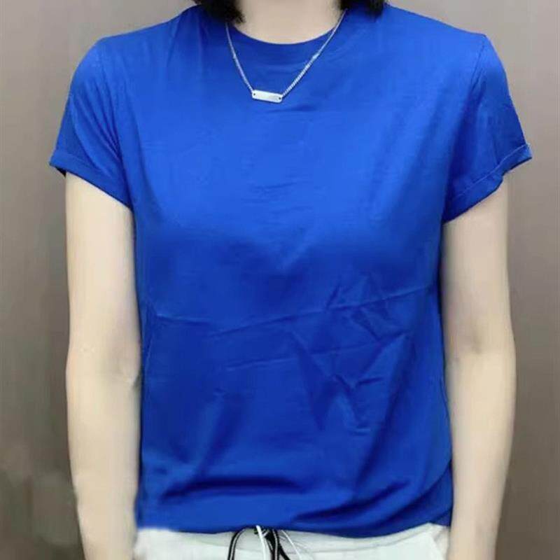 宝蓝色短袖t恤女士2024夏季大码圆领宽松显瘦体恤衫简约纯色上衣