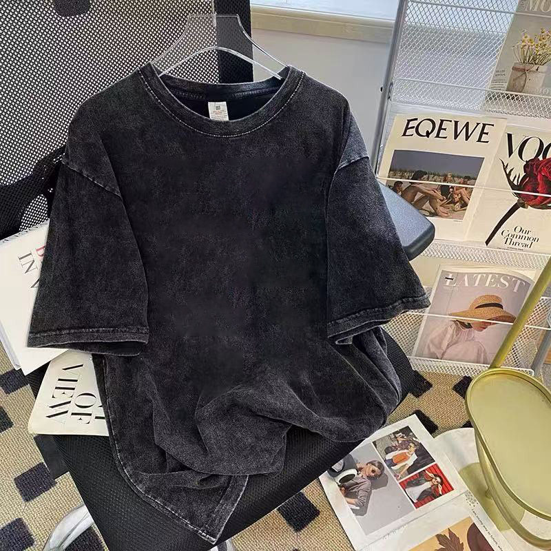 美式复古diy定制T恤男女同款洗水黑订制班服印花宽松圆领五分袖