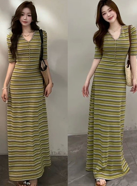 法式条纹撞色V领短袖连衣裙女春夏时尚气质收腰修身显瘦优雅长裙