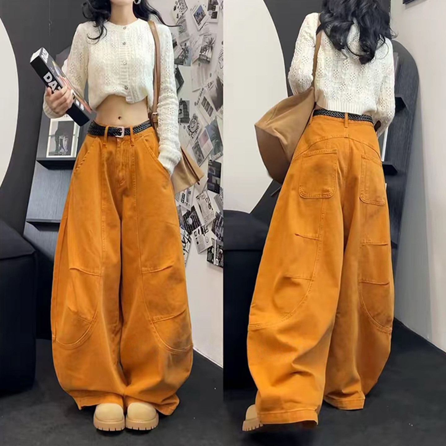 高街辣妹阔腿工装洗水牛仔裤