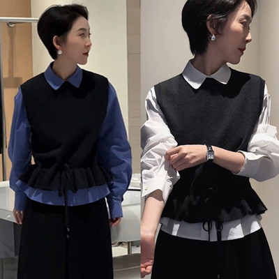 荷叶边翻领长袖衬衫马甲叠穿套装