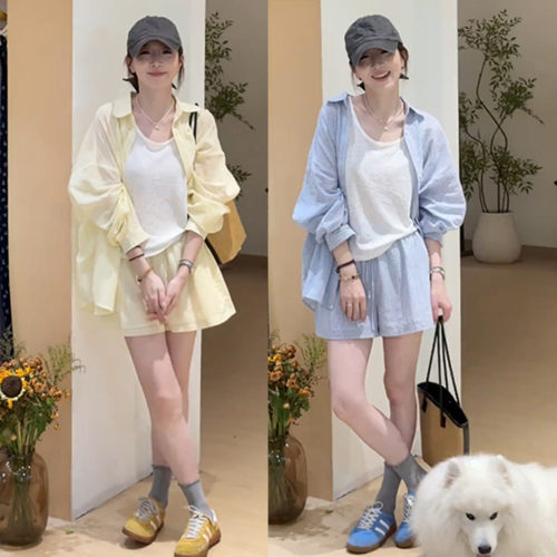 轻薄条纹长袖防晒衬衫短裤三件套
