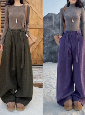 时尚呢料闪闪休闲阔腿裤女冬季百搭高腰宽松显瘦加厚保暖直筒长裤