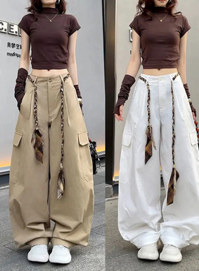 高街时尚A版型阔腿工装裤女夏季高腰显瘦遮肉休闲百搭直筒长裤子