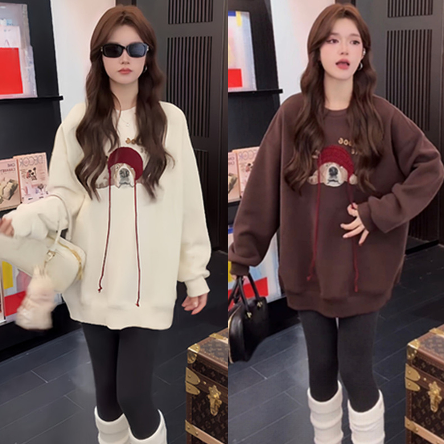 钩针刺绣小狗印花套头加绒卫衣