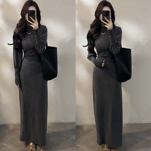 法式气质细闪亮片半高领灯笼袖连衣裙女百搭褶皱收腰显瘦内搭长裙