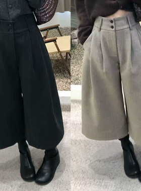 复古老钱风简约八分阔腿裤女秋冬气质百搭高腰显瘦垂感毛呢休闲裤