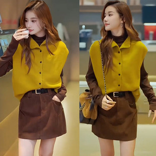 秋季穿搭套装女气质减龄叠穿无袖V领背心打底衫上衣半身裙三件套