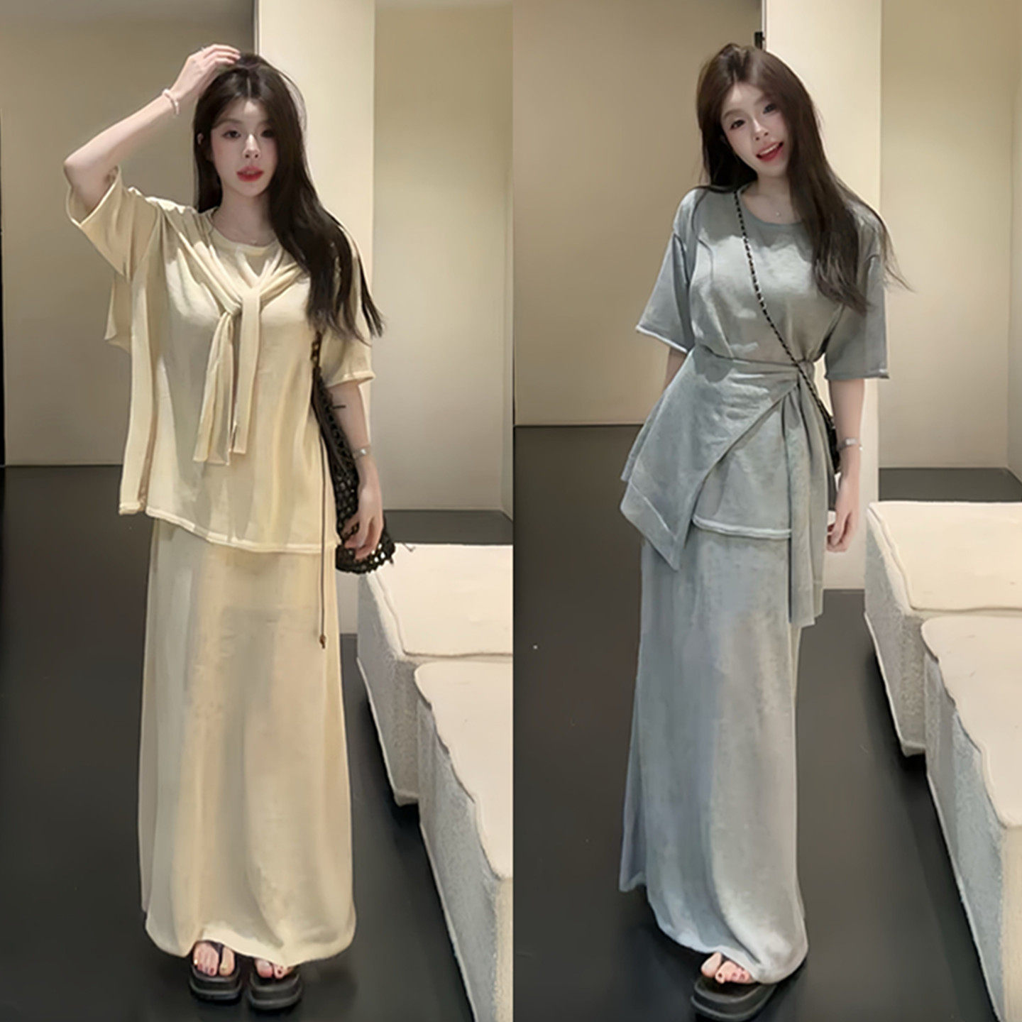 可盐可甜慵懒风三件套女夏季宽松显瘦短袖上衣高腰垂感半身裙套装