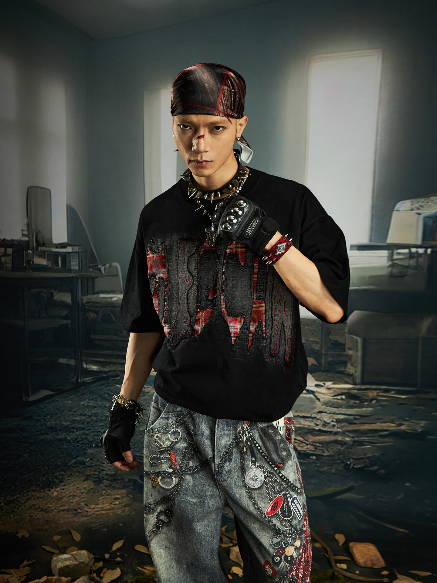 Unmanned Island Embroidery Patchwork Distressed Fashion Versatile Loose Short-Sleeve American Street Casual T-Shirt