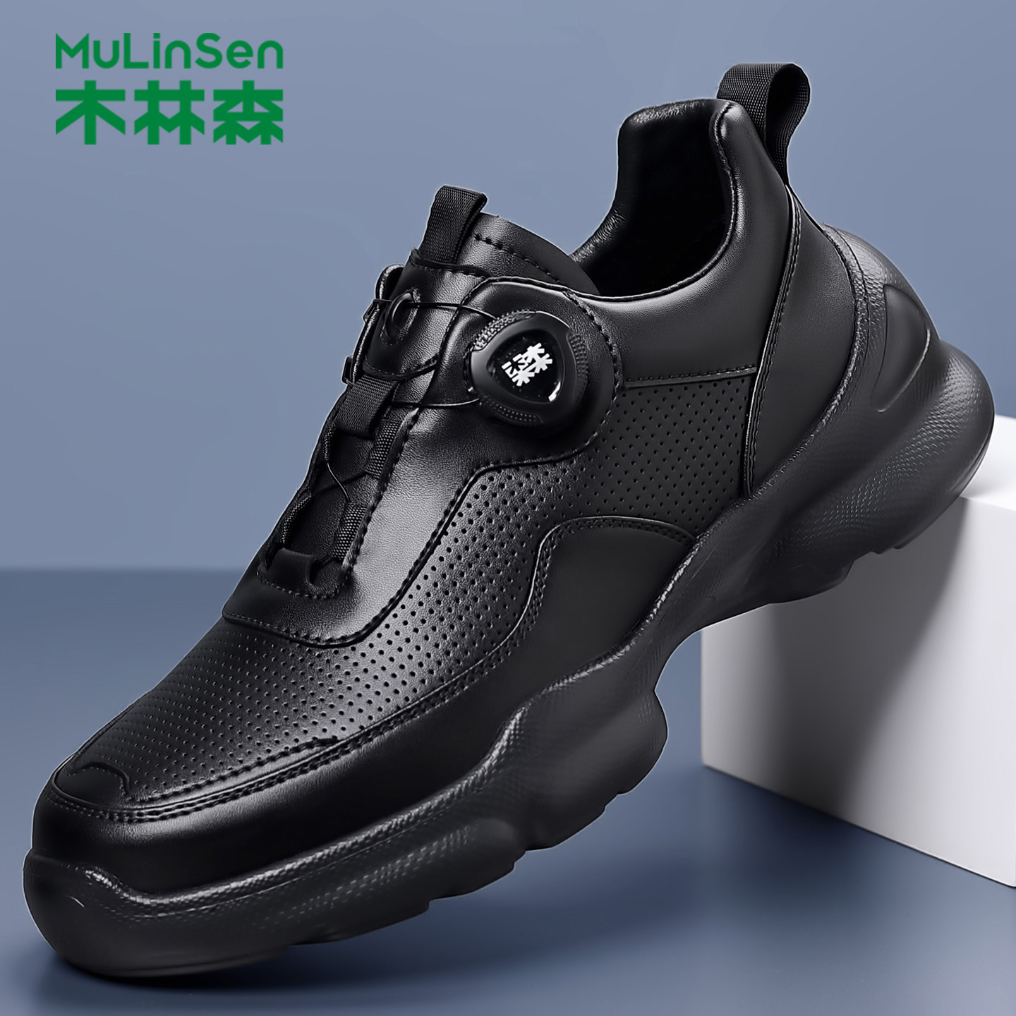 木林森男鞋春季新款牛皮透气镂空商务休闲皮鞋男士软底运动跑步鞋