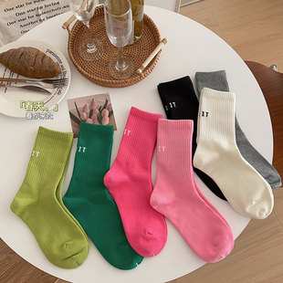 糖果色袜子女夏季 百搭长筒 纯棉字母中筒袜日系ins潮甜美运动时尚