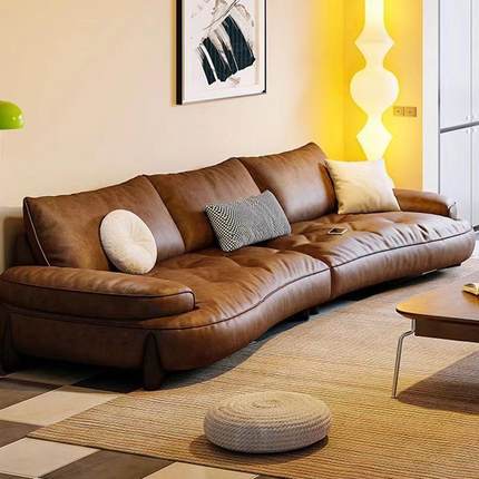新款客厅头层真皮沙发网红棕色复古意式极简小户型弧形沙发日式
