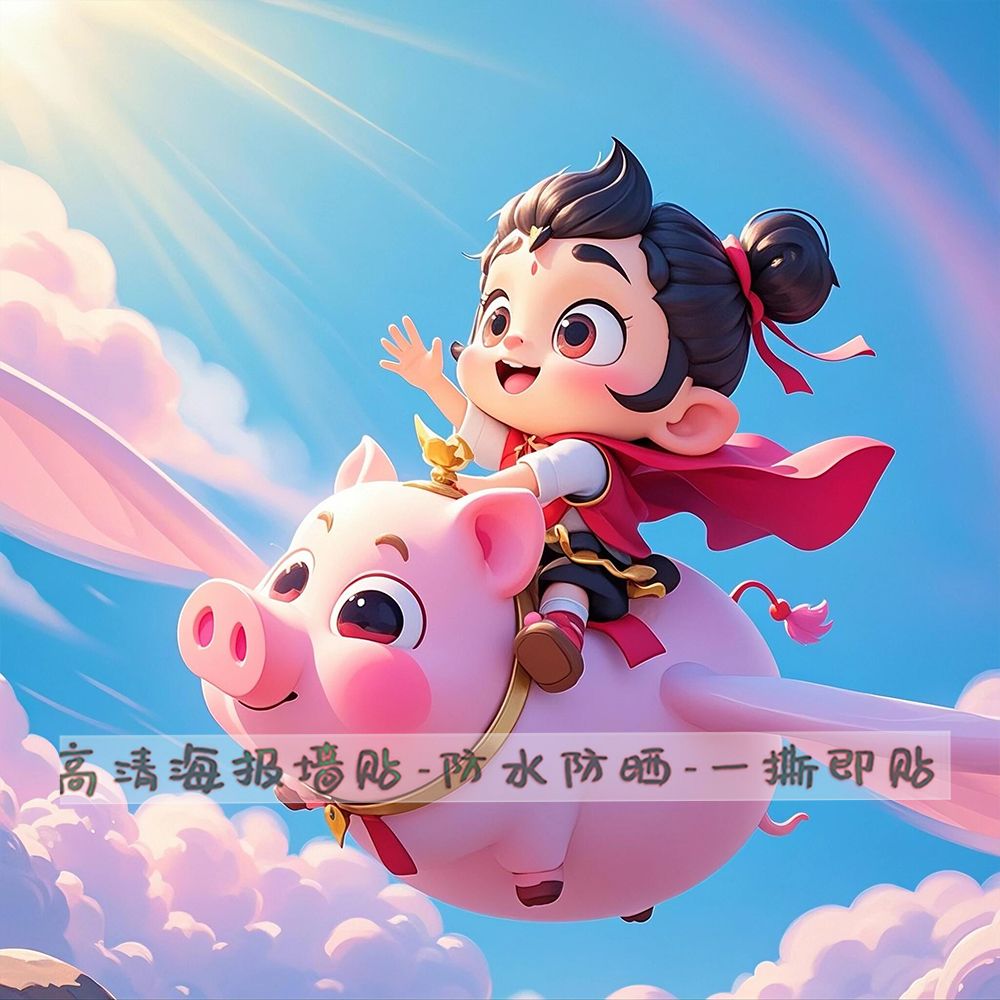 哪吒骑飞猪可爱自粘墙贴画玄关玻璃儿童房柜门装饰防水不干胶贴纸图片