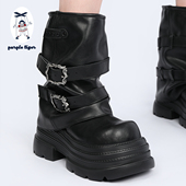 tiger 原创 新款 purple y2k裤 管靴9cm厚底中筒西部靴女堆堆短靴