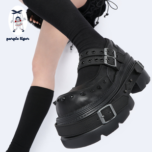 purple tiger【原创】小众设计绑带铆钉9cm厚底鞋朋克增高玛丽珍