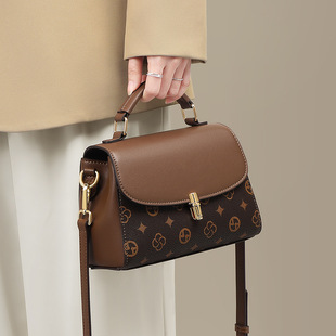 2025秋冬款棕咖拼色老花小方包复古轻奢女包手提包优雅通勤斜挎包