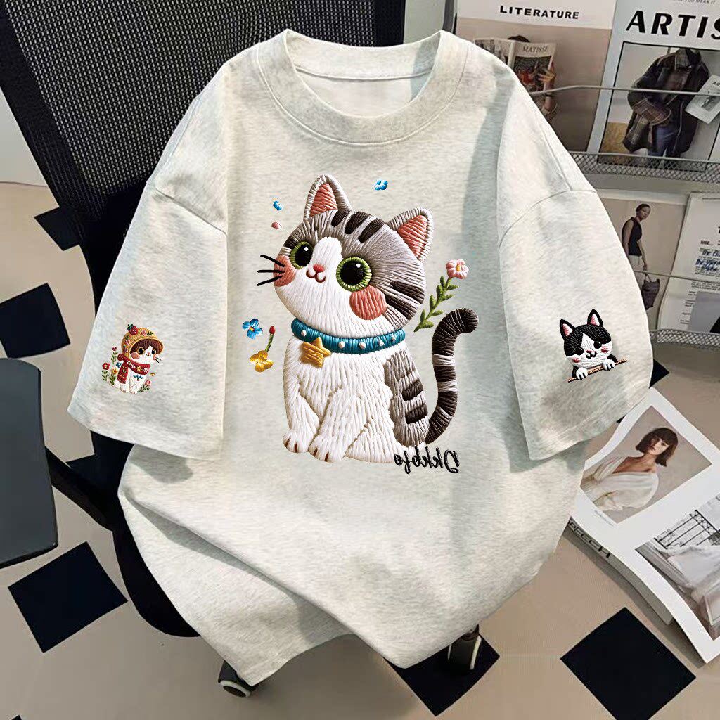 街头可爱风纯棉印花猫咪短袖T恤女夏季复古ins潮牌上衣