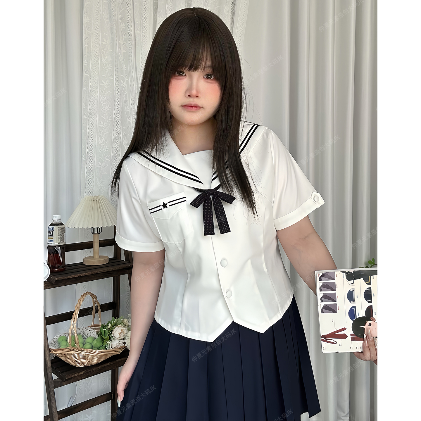仲夏元素大码女装胖mm海军领衬衫女夏季学院风减龄领撞色短袖上衣