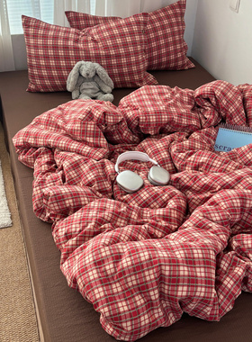 ins复古红格子混搭纽扣款水洗棉四件套亲肤被套学生宿舍三件套1.5