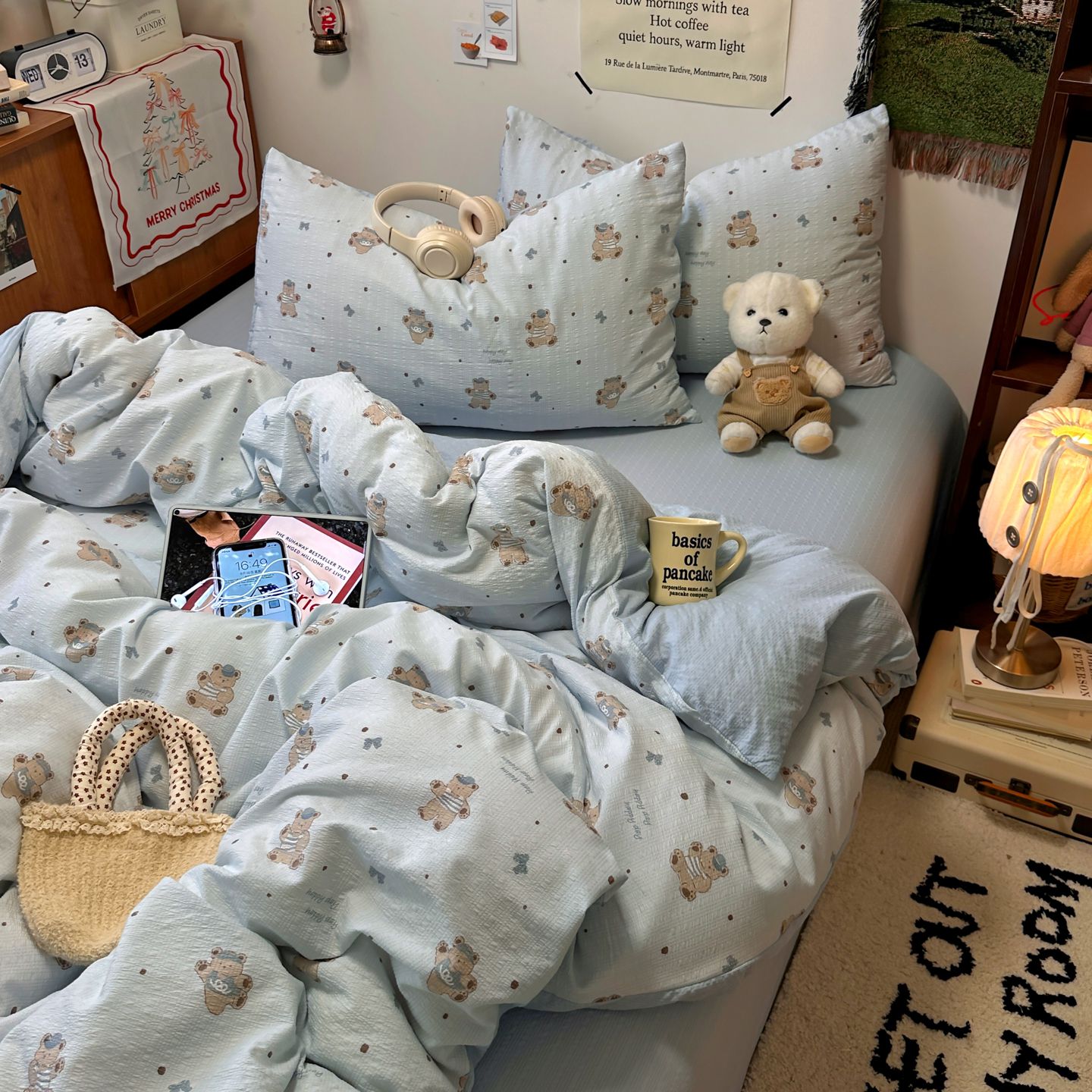 卡通浅蓝可爱小熊泡芙纱四件套