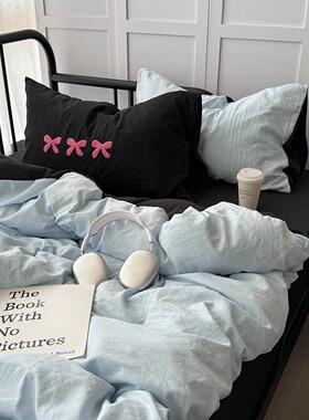 小清新ins博主风混搭毛巾绣水洗棉四件套超亲肤被套学生三件套1.5