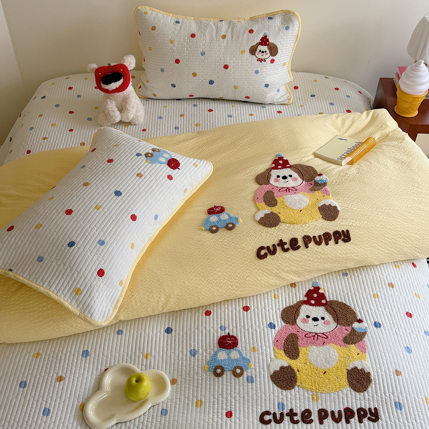 卡通少女波点小狗毛巾绣泡芙棉床盖四件套亲肤被套床盖学生三件套