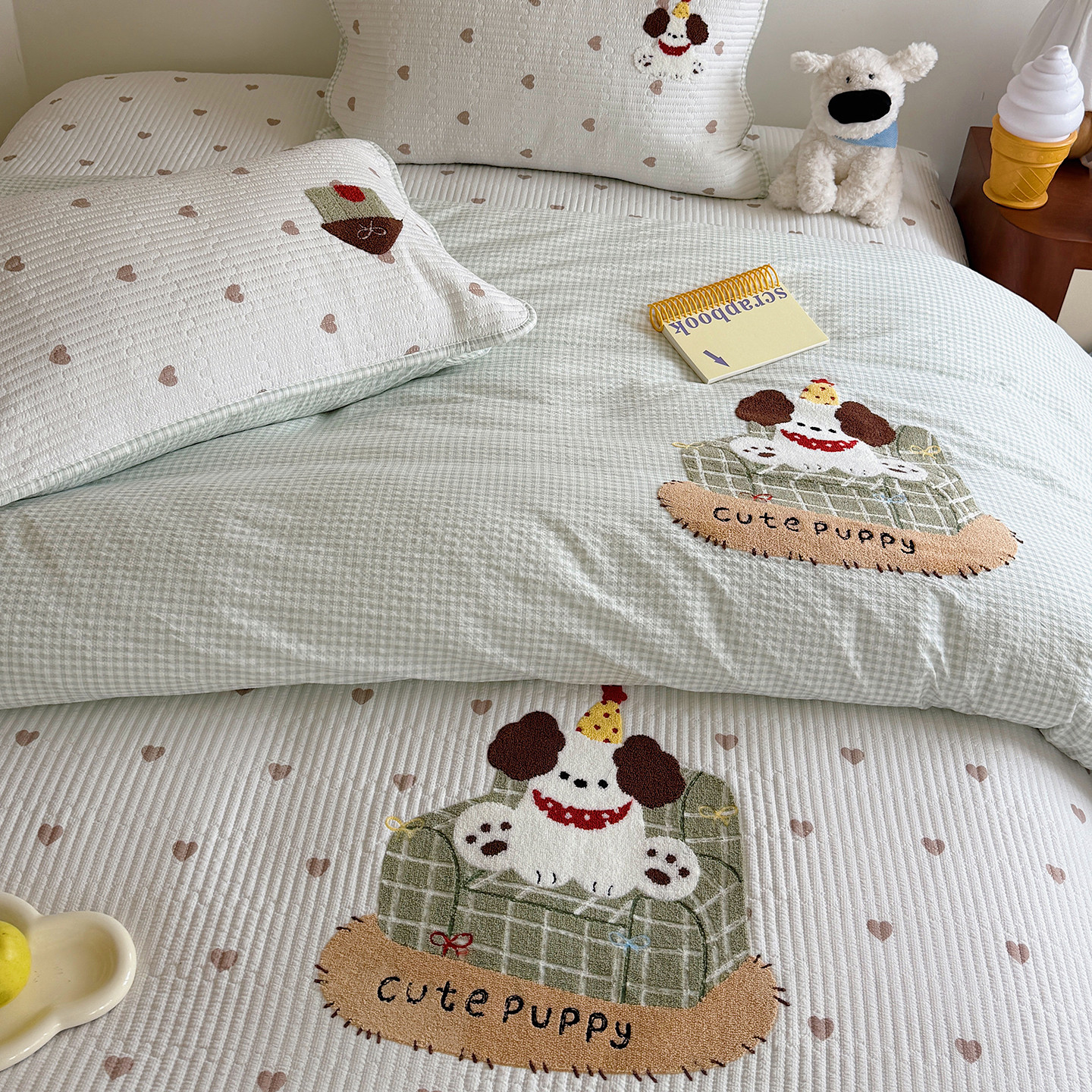 韩系少女ins爱心小狗毛巾绣泡芙棉床盖四件套亲肤被套枕套三件套