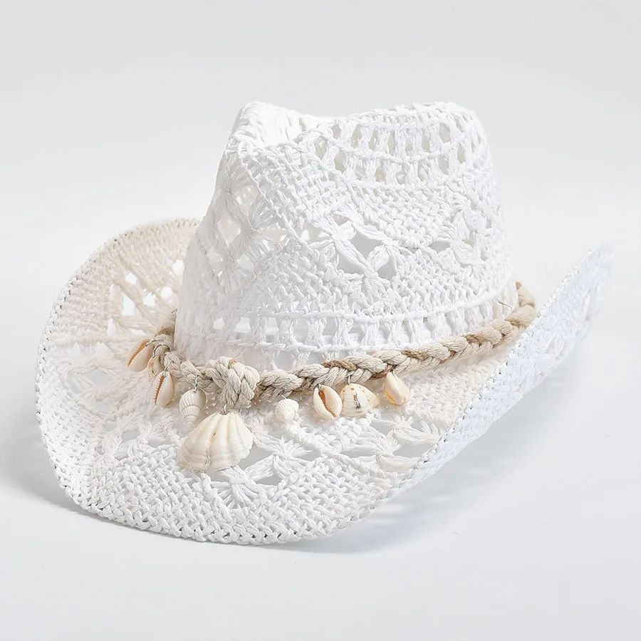 Summer Hand Woven Straw Hat for Women Shell Decoration Holid