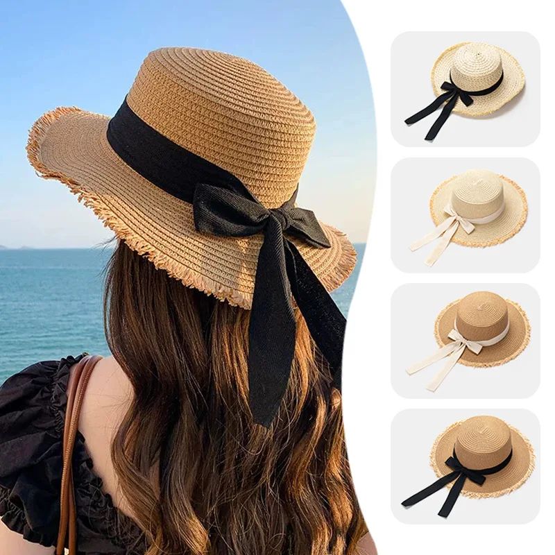 Korean Bow Straw Hat for Women Outdoor Beach Wide Brim Sun V
