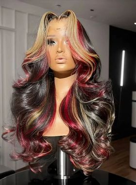13X6 Black with Red Blonde Highlight Wig Synthetic 13x4 Lace