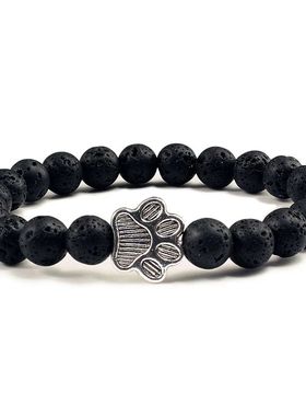 Natural Matte Black Lava Volcanic Stone Paw Print Charm Brac