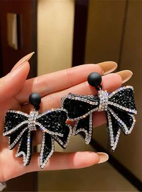 Korean Style Black Bowknot Dangle Earrings for Women Rhinest