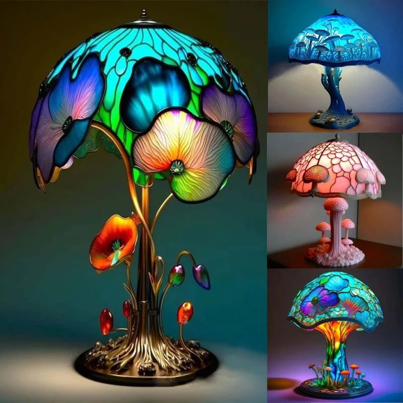 Creative Stained Plant Series Table Lamps Resin Colorful Bed