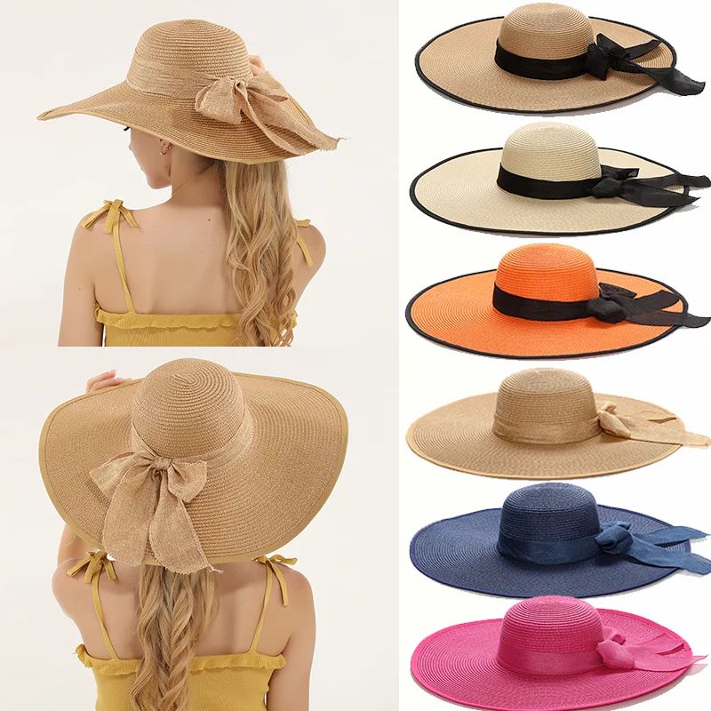 15CM Wide Brim Beach Straw Hats For Women Simple Foldable Su