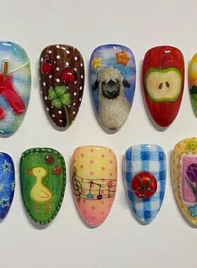24pcs Cute Cartoon Fake Nail Tips Oil Painting Series Printe