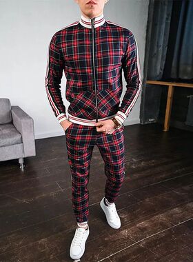 Mens Tracksuits Colorful Plaid Casual Zipper Hoodie Set 3D P