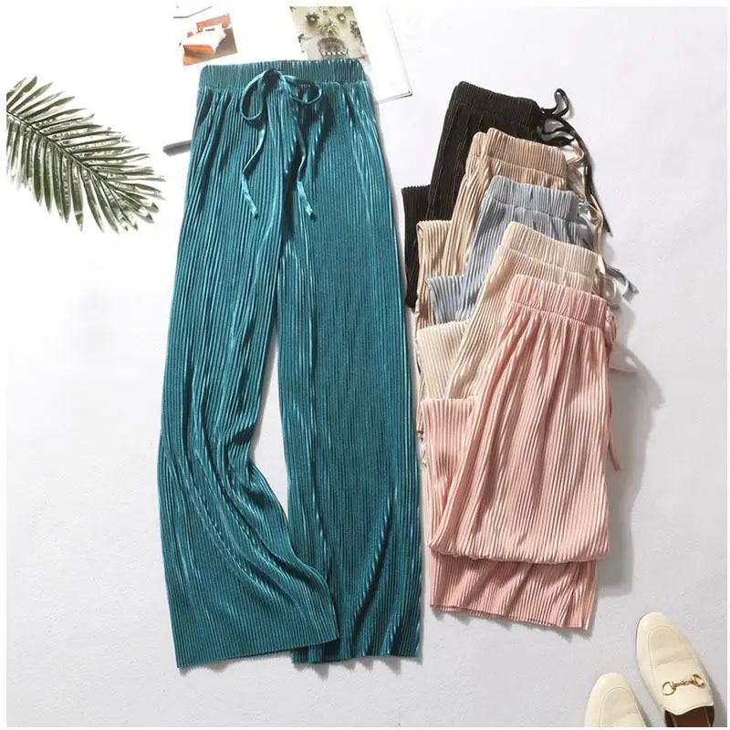 Women Fashion Summer Wide Leg Pants Pleated Ice Silk Trouser